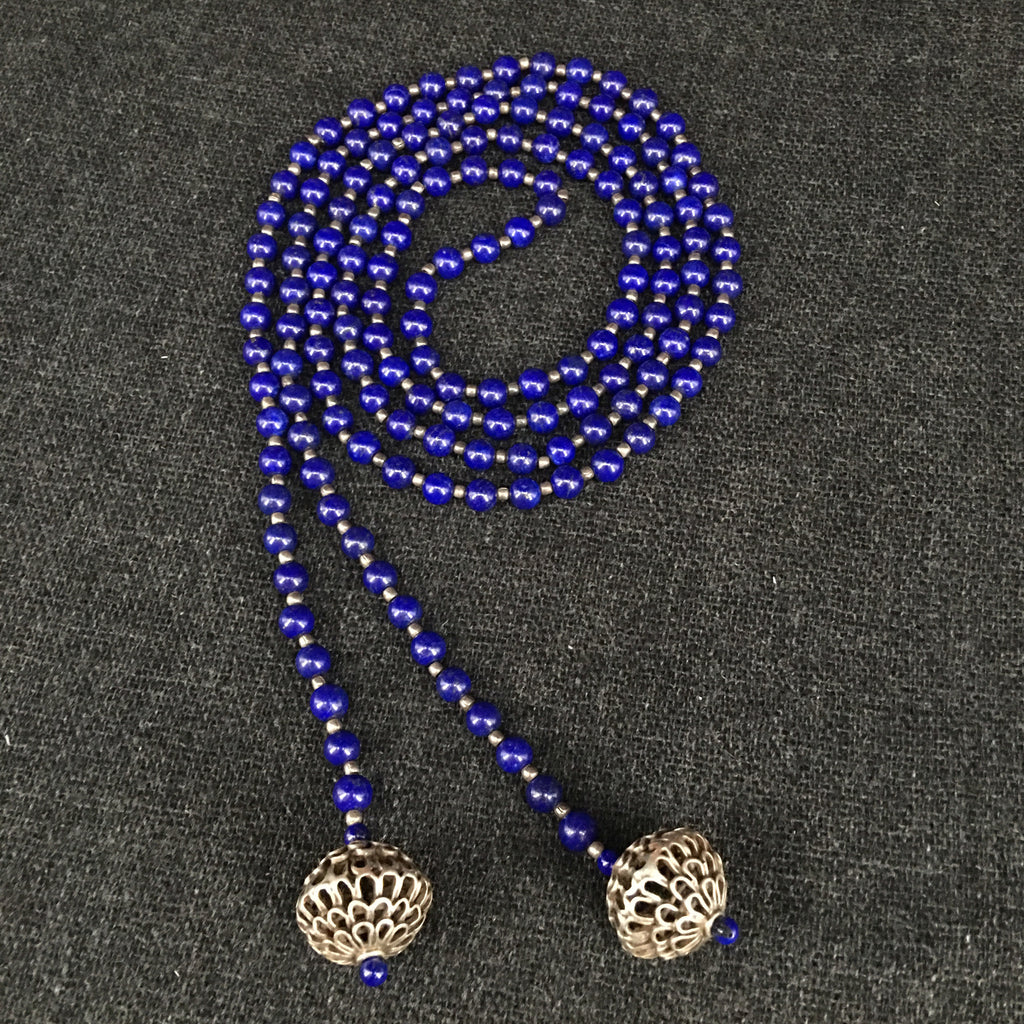 Handmade Afghani Lapis Necklace with Antique Tibetan Silver Beads Jewelry at Mahakala Fine Arts