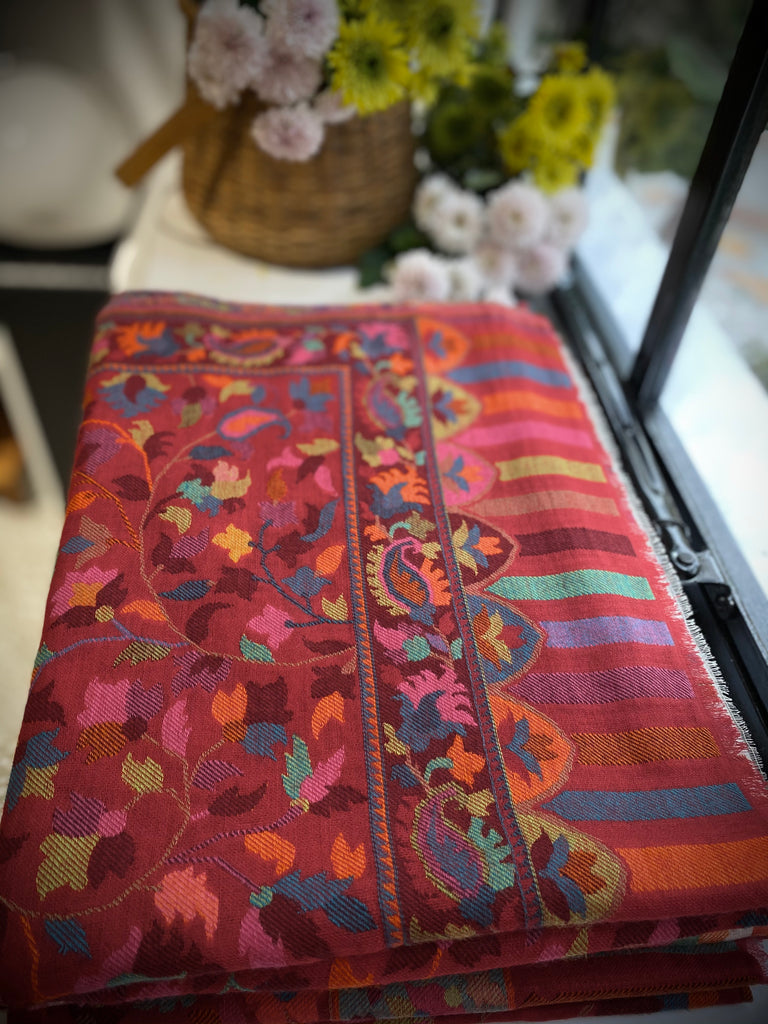 Handmade cashmere embroidered kani scarf from Kashmir India