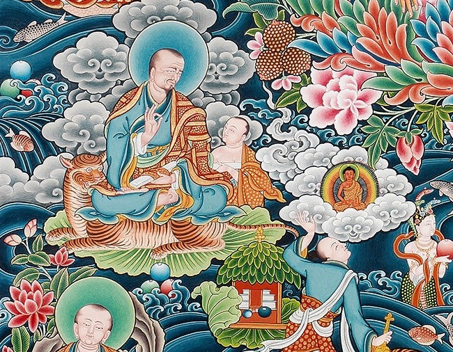Shakyamuni Buddha & 18 Arhats Buddhist thangka painting by Mukti Singh Thapa at Mahakala Fine Arts