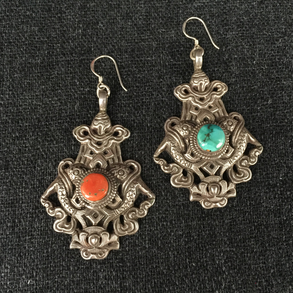 Old Handmade Tibetan Silver Earrings Jewelry at Mahakala Fine Arts