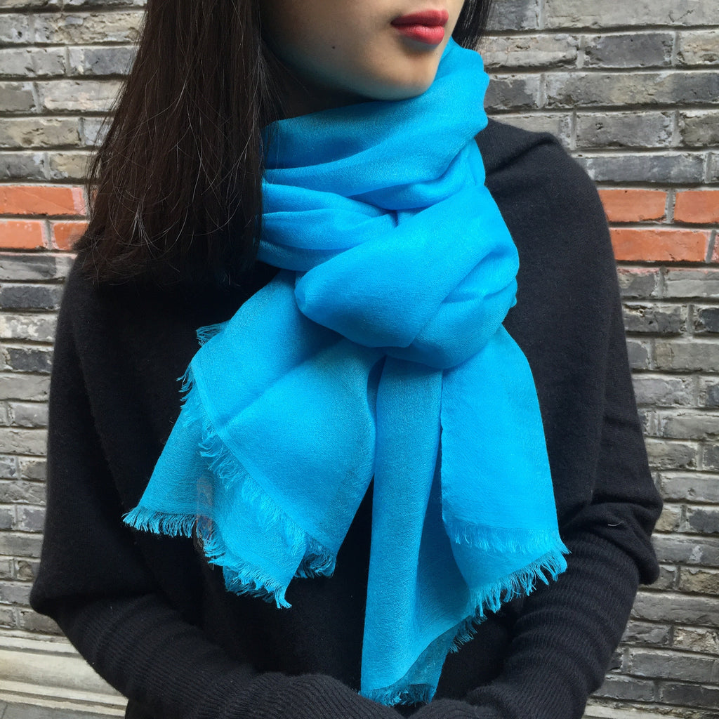 Handmade turquoise luxury cashmere scarf from Himalaya at Mahakala Fine Arts