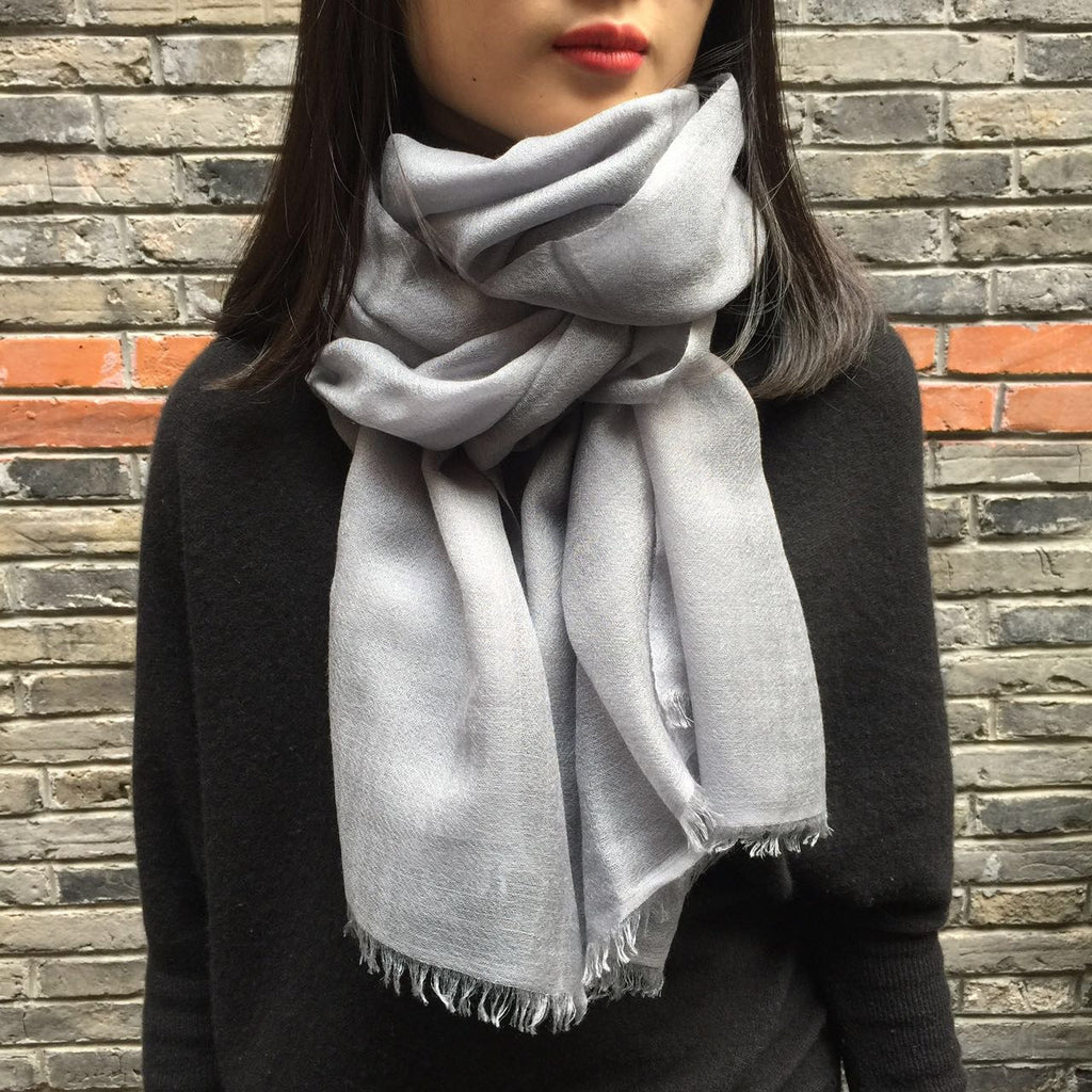 Handmade light grey luxury cashmere scarf from Himalaya at Mahakala Fine Arts
