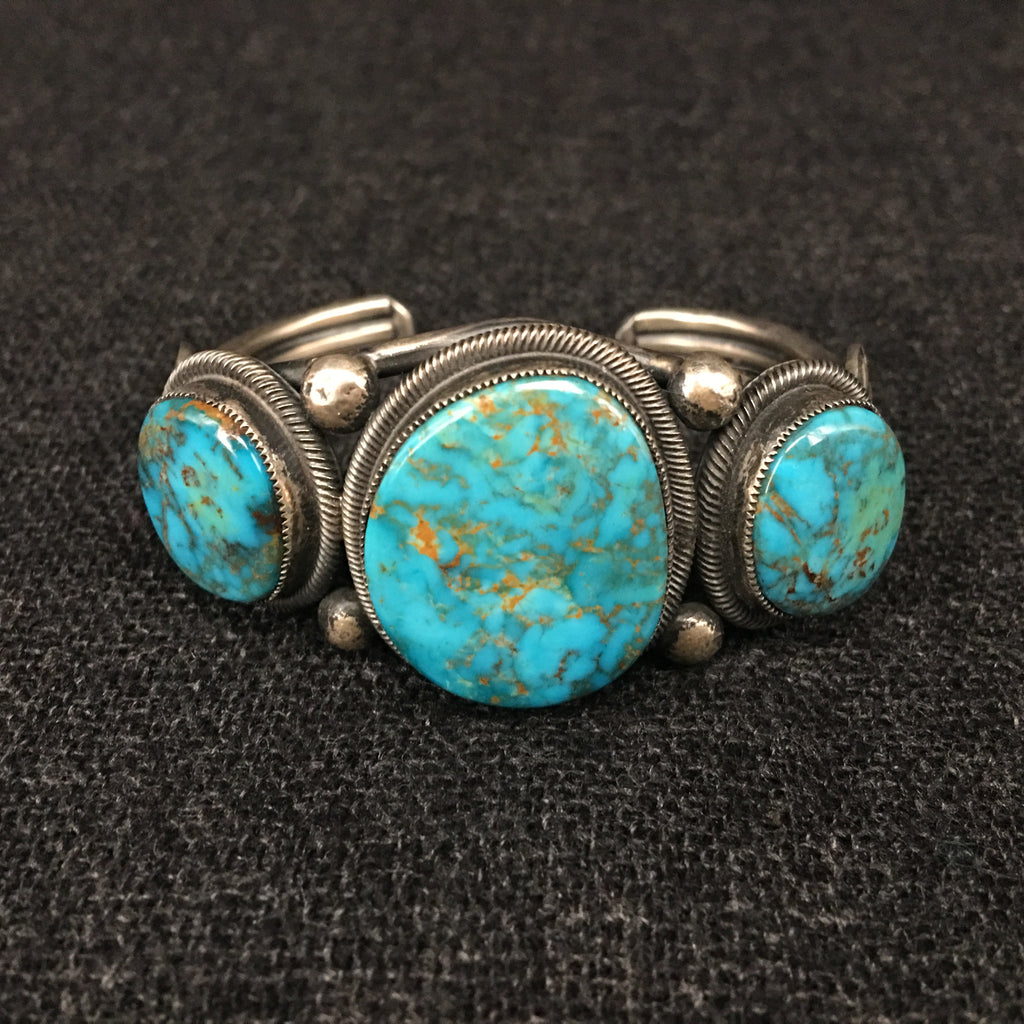 Native American Navajo Sterling Silver and Turquoise Bracelet by Leon Martinez at Mahakala Fine Arts