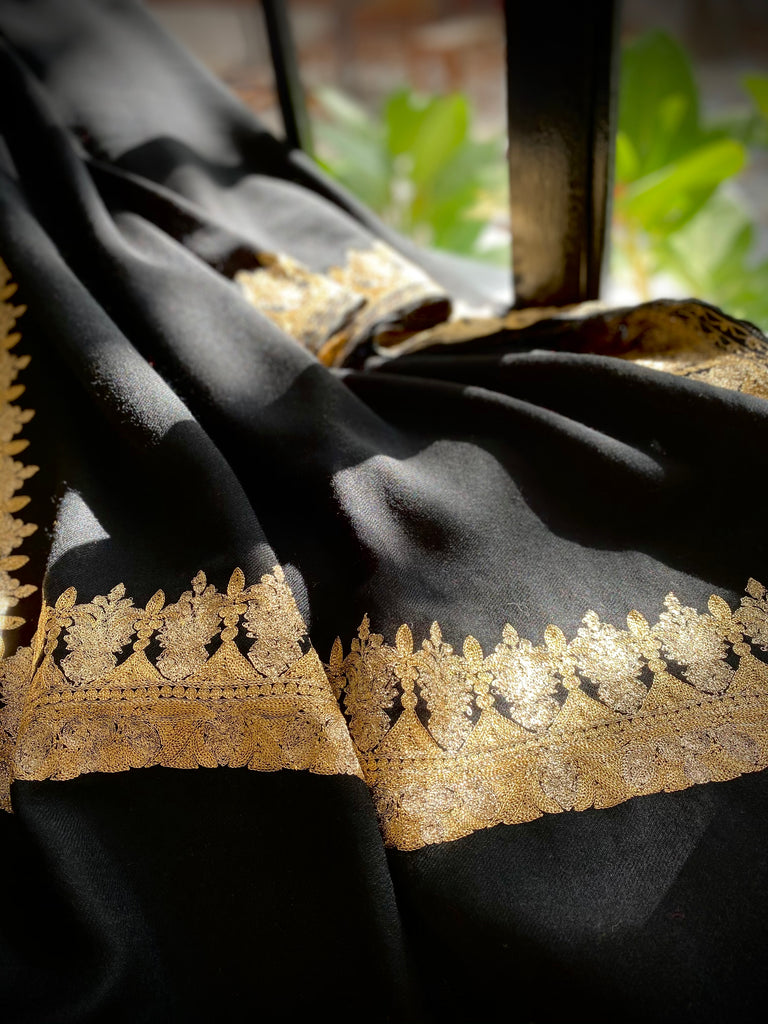 Elegant Black Wool with Gold Embroidery Scarf - Gold Border