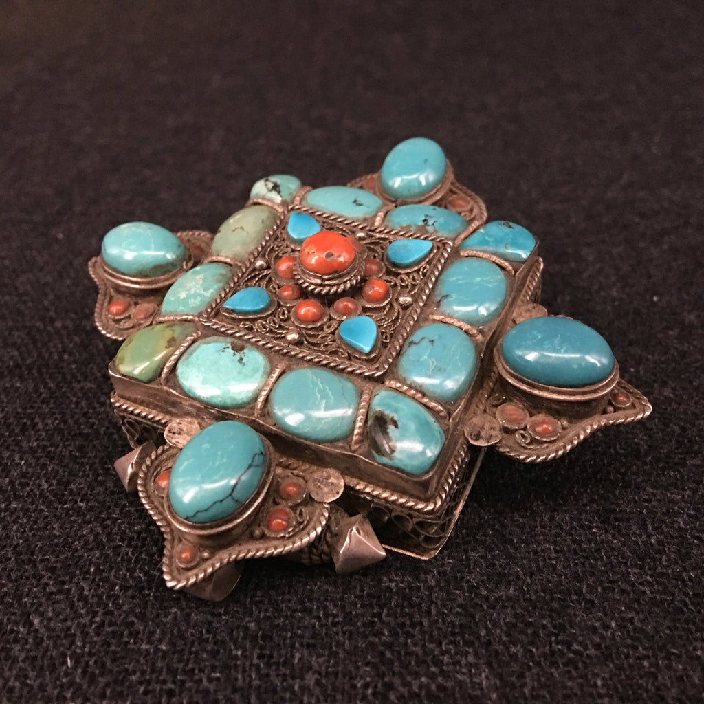 Antique Handmade Tibetan Turquoise and Silver Gau Box Pendant at Mahakala Fine Arts