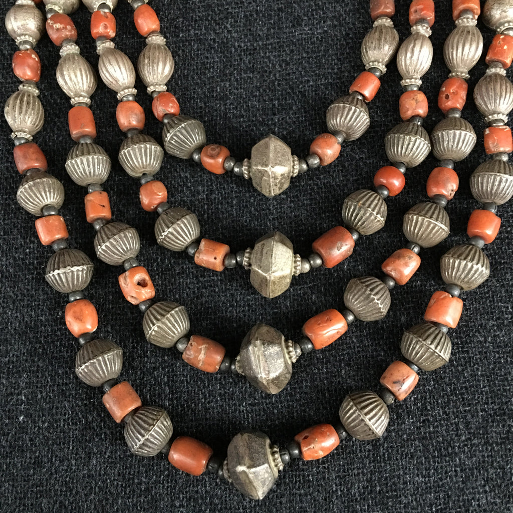 Antique Handmade Himalayan Coral and Silver Necklace Jewelry at Mahakala Fine Arts