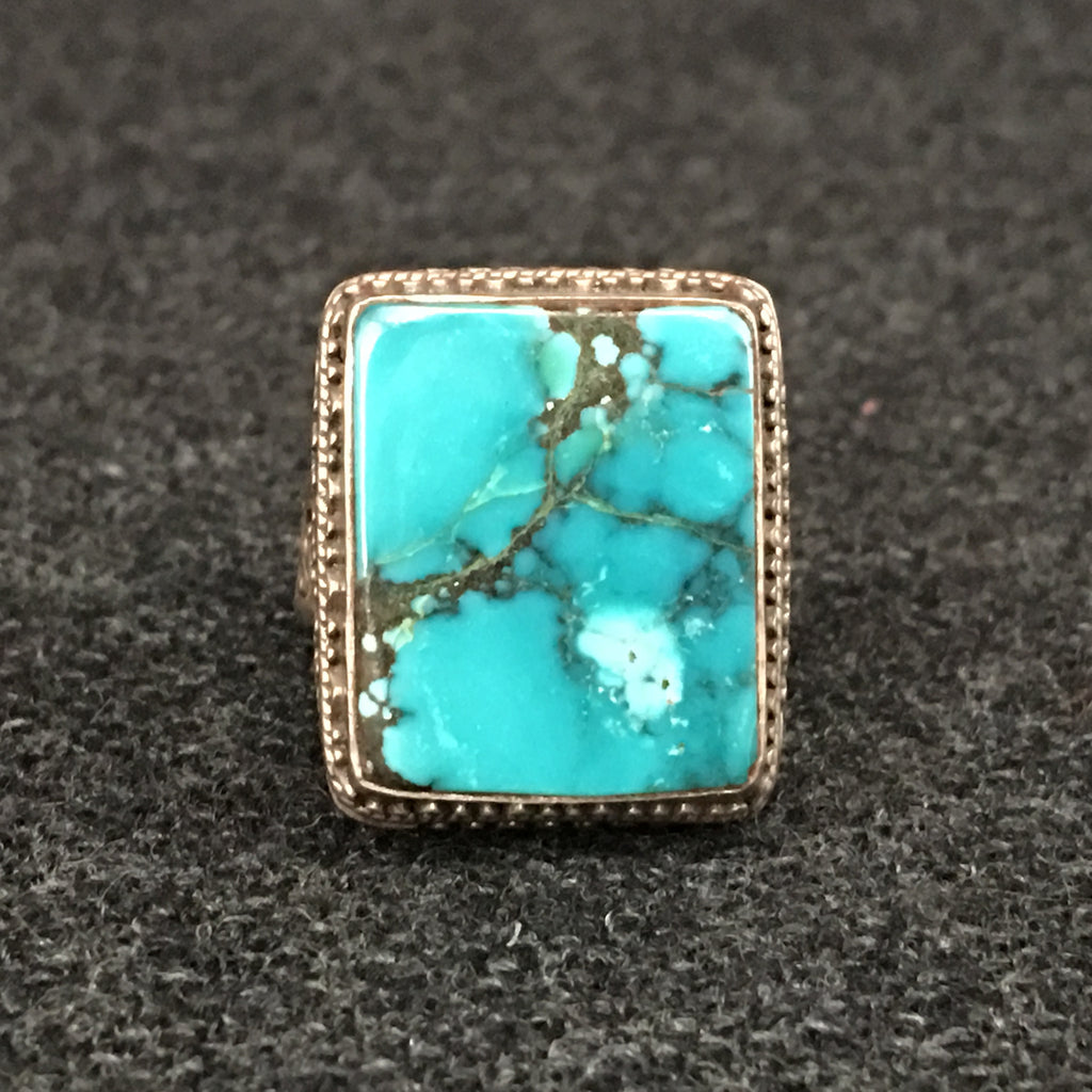 Handmade Himalayan Rectangular Turquoise and Silver Ring Jewelry at Mahakala Fine Arts