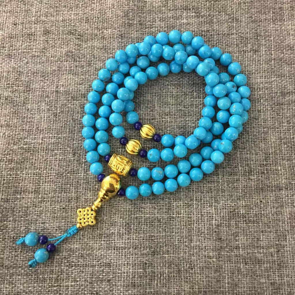 Stunning Sleeping Beauty Turquoise and Gold Prayer Bead Mala