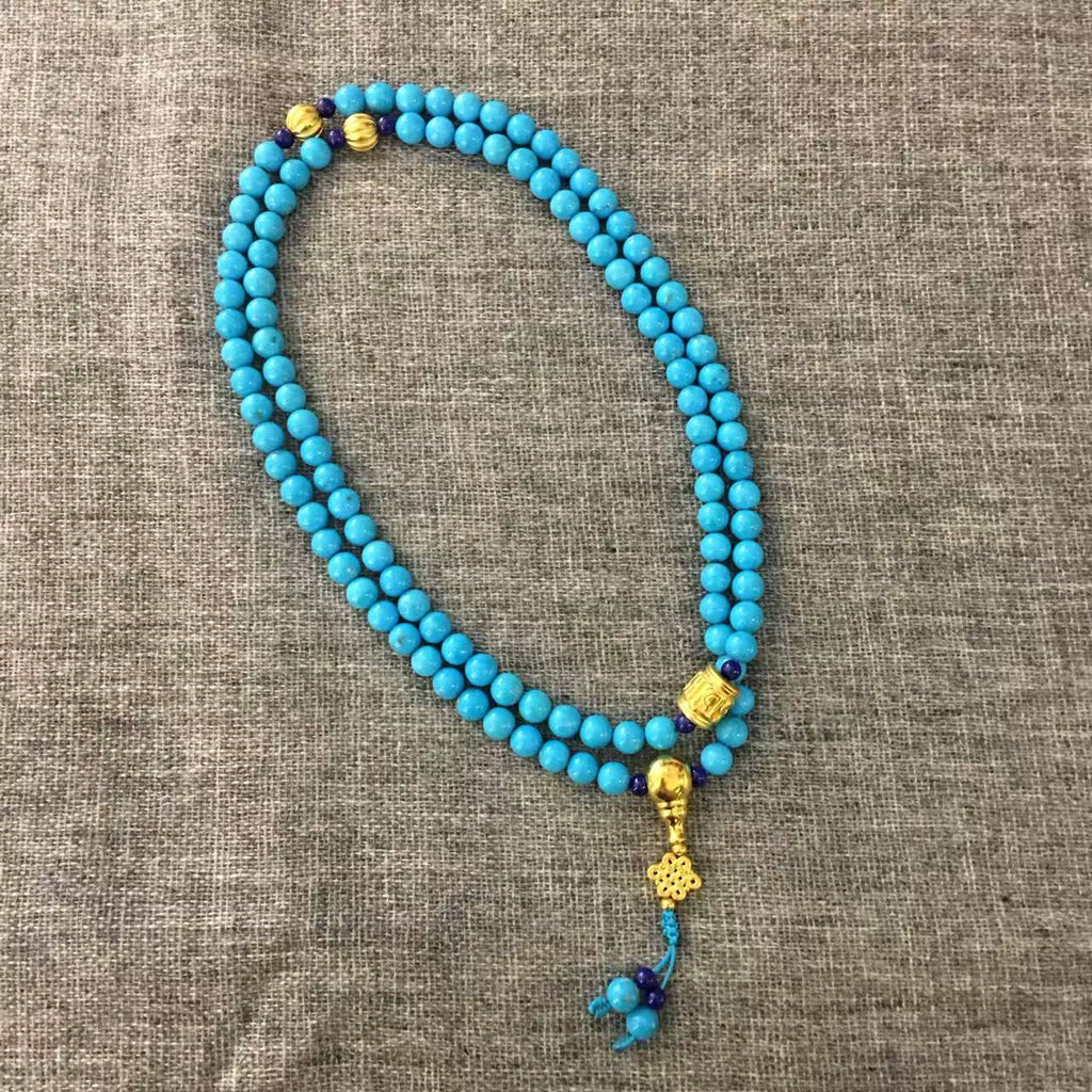 Stunning Sleeping Beauty Turquoise and Gold Prayer Bead Mala