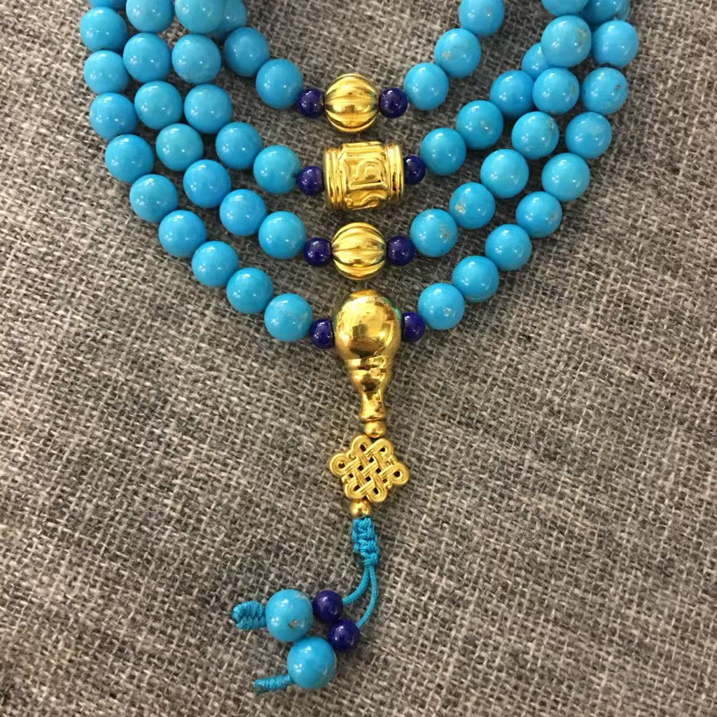 Stunning Sleeping Beauty Turquoise and Gold Prayer Bead Mala