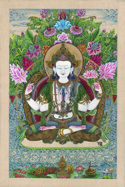 Avalokitesvara Guanyin thangka paubha painting by Lok Chitrakar at Mahakala Fine Arts