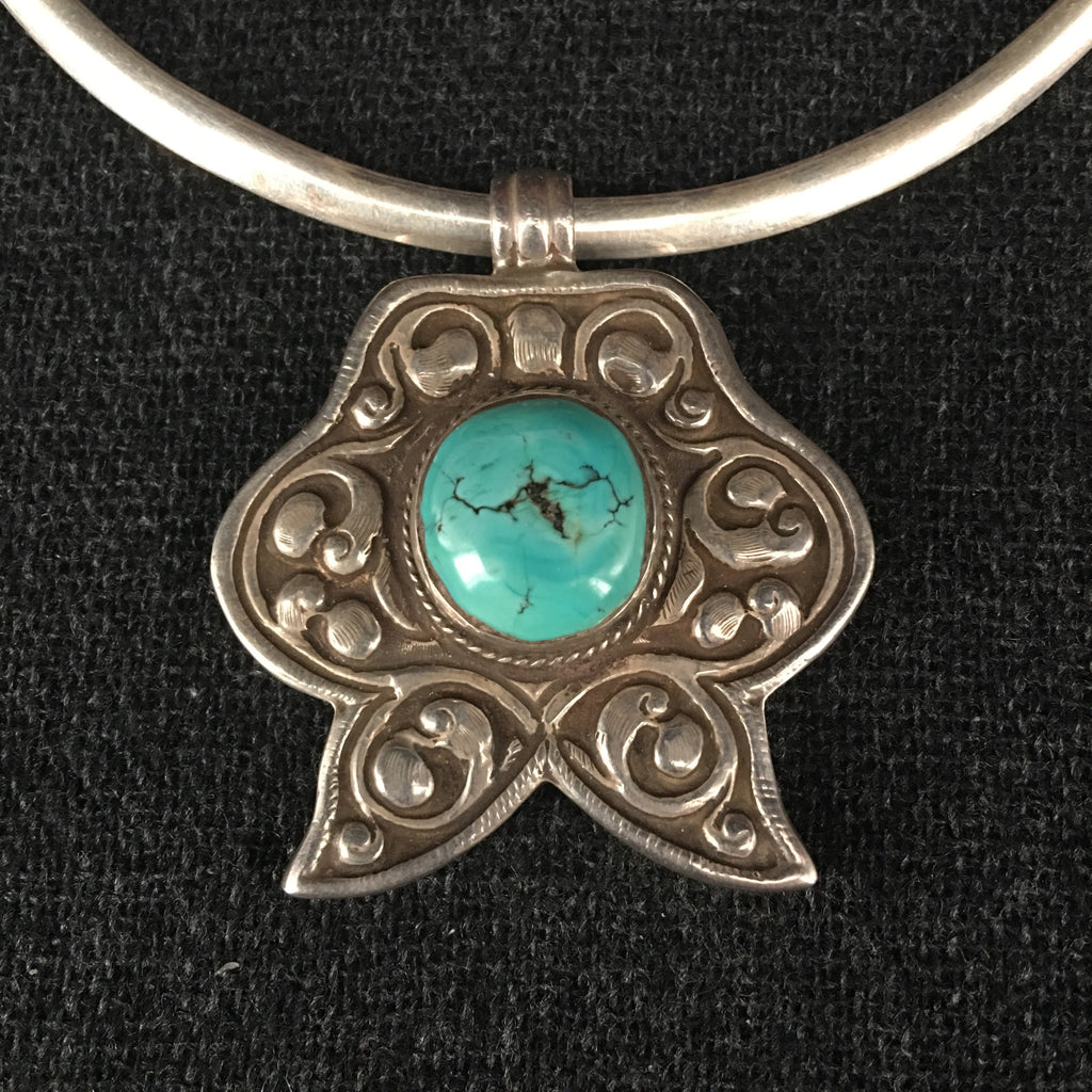 Antique Handmade Tibetan Turquoise and Silver Pendant Jewelry at Mahakala Fine Arts