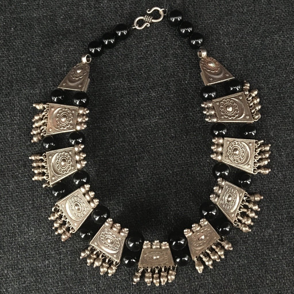 Handmade Rajasthani Silver and Onyx Choker Necklace Jewelry at Mahakala Fine Arts