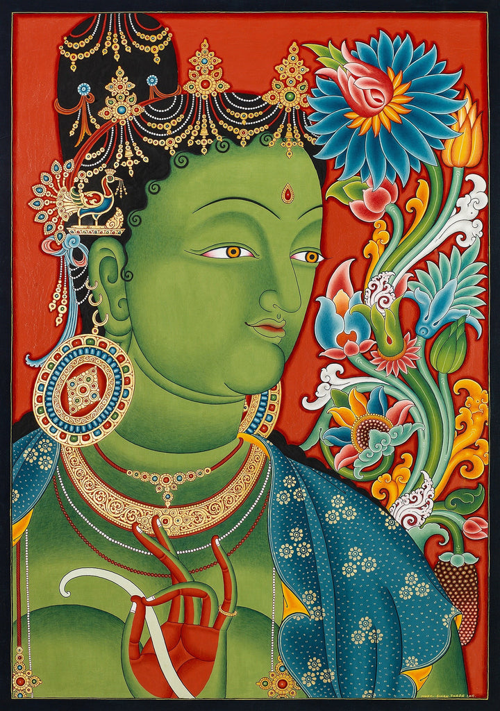 Green Tara Head Buddhist thangka painting by Mukti Singh Thapa at Mahakala Fine Arts