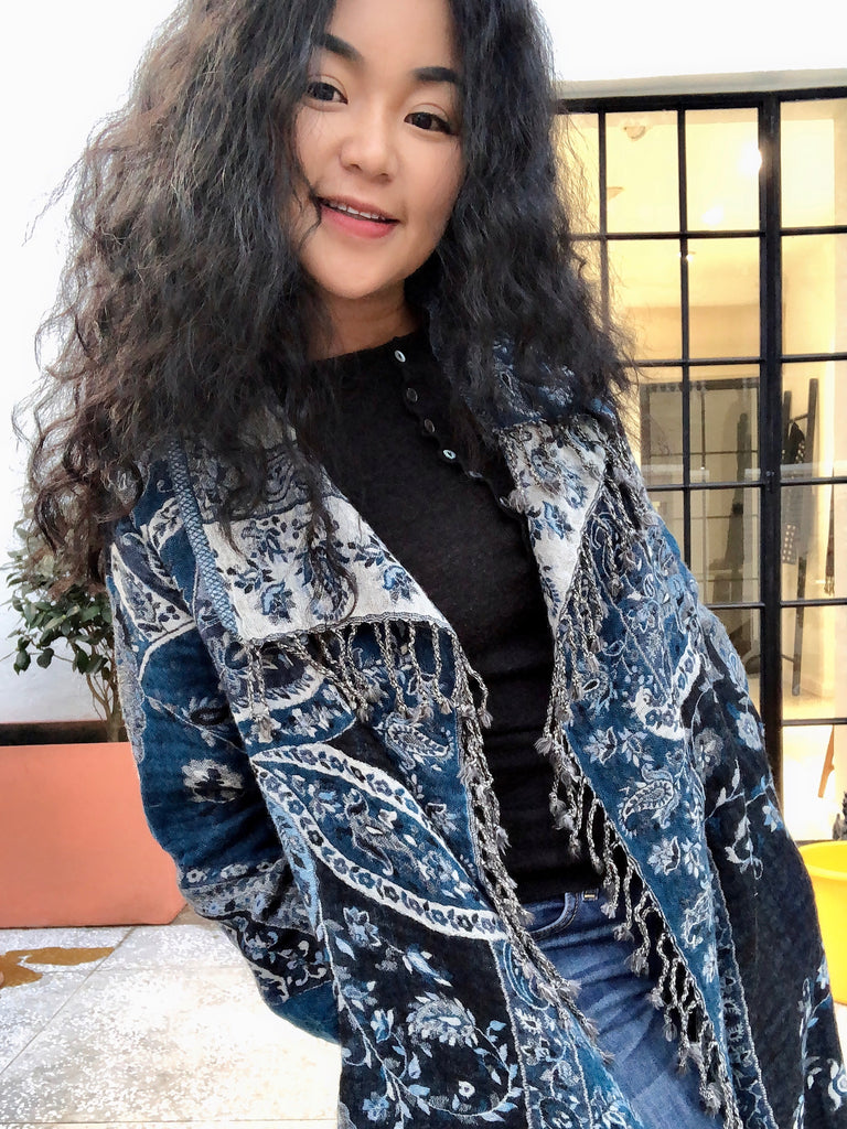 Designer Long Kashmiri Wool Coat - Blues