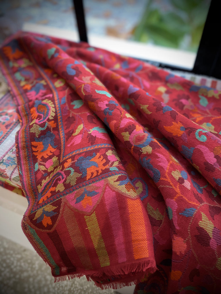 Handmade cashmere embroidered kani scarf from Kashmir India