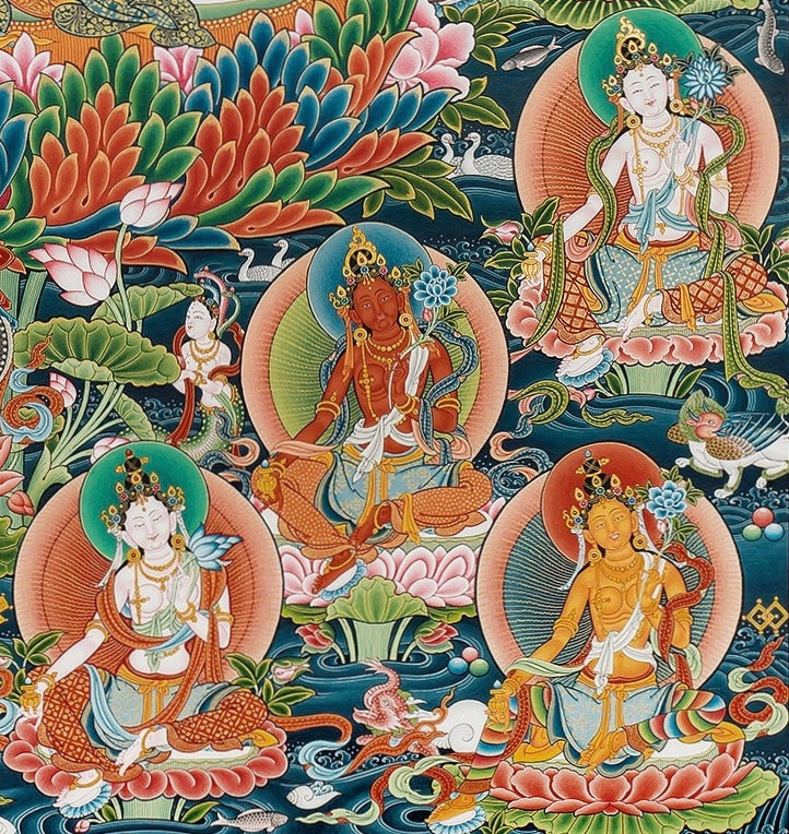 Twenty One Taras Buddhist Thangka painting by Mukti Singh Thapa at Mahakala Fine Arts