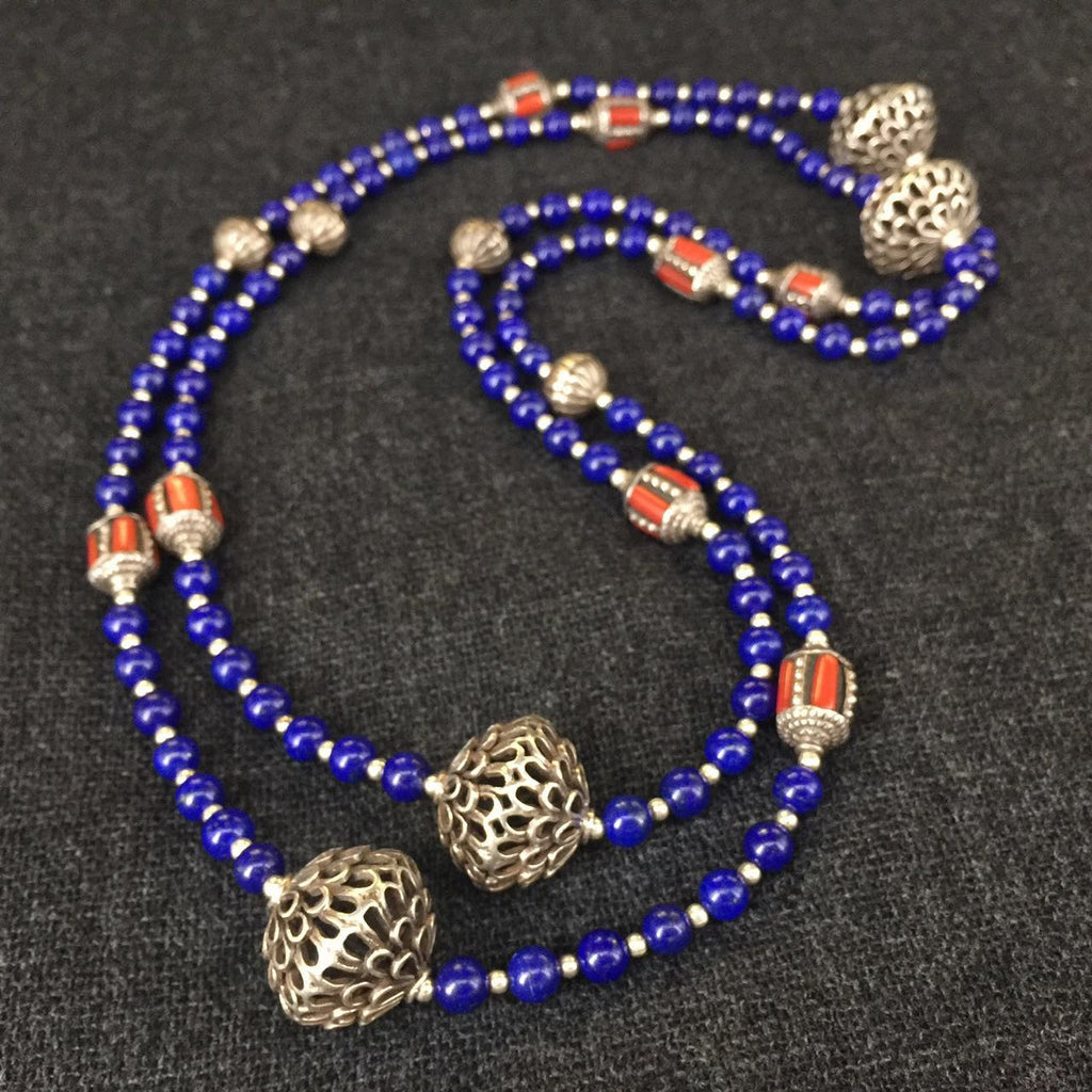 Handmade Himalayan Lapis Necklace with Antique Silver Beads Jewelry at Mahakala Fine Arts
