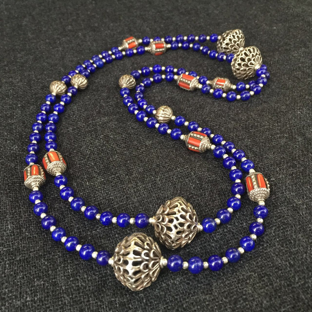 Handmade Himalayan Lapis Necklace with Antique Silver Beads Jewelry at Mahakala Fine Arts