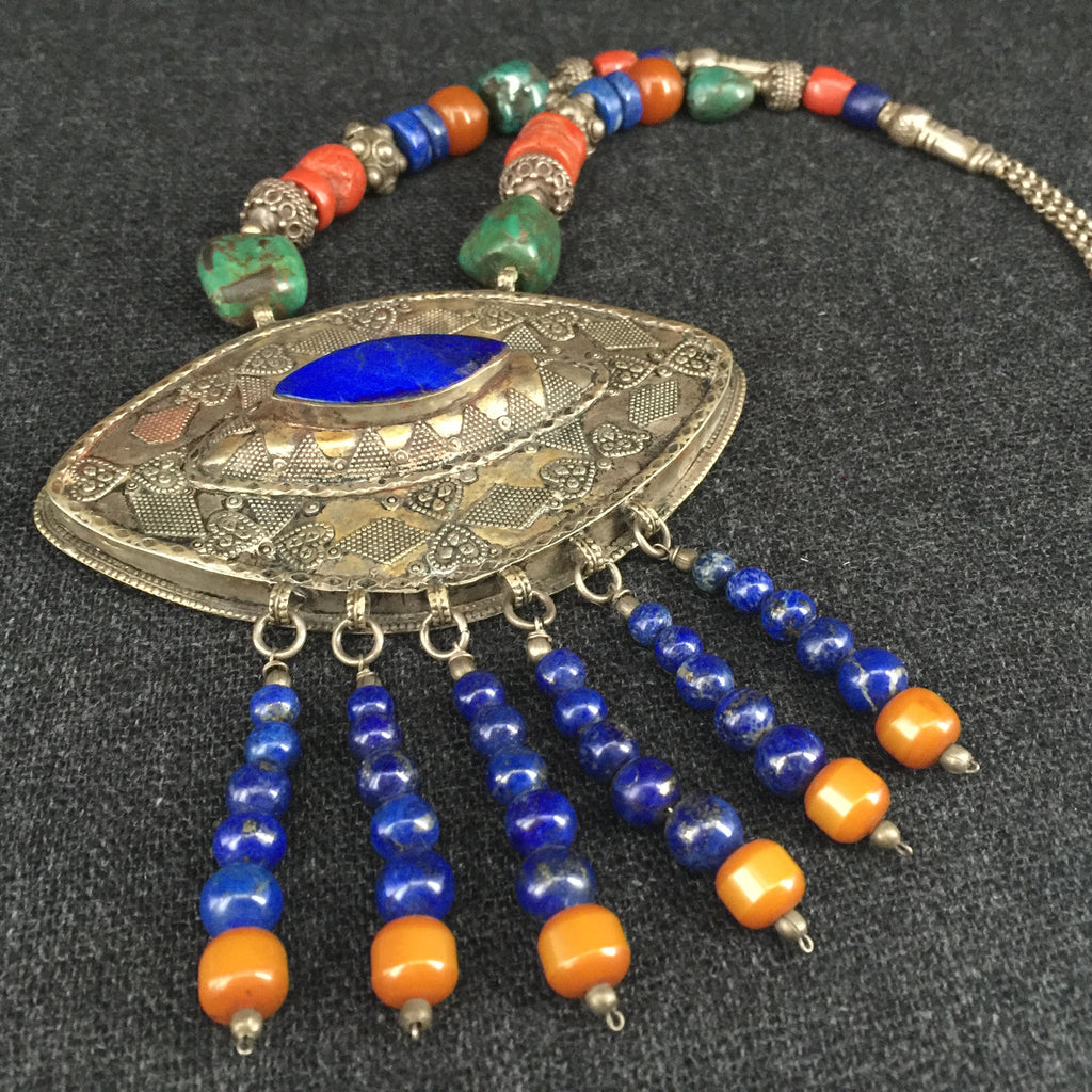 Antique Turkoman Handmade Lapis, Coral, Turquoise and Silver Necklace Jewelry at Mahakala Fine Arts 