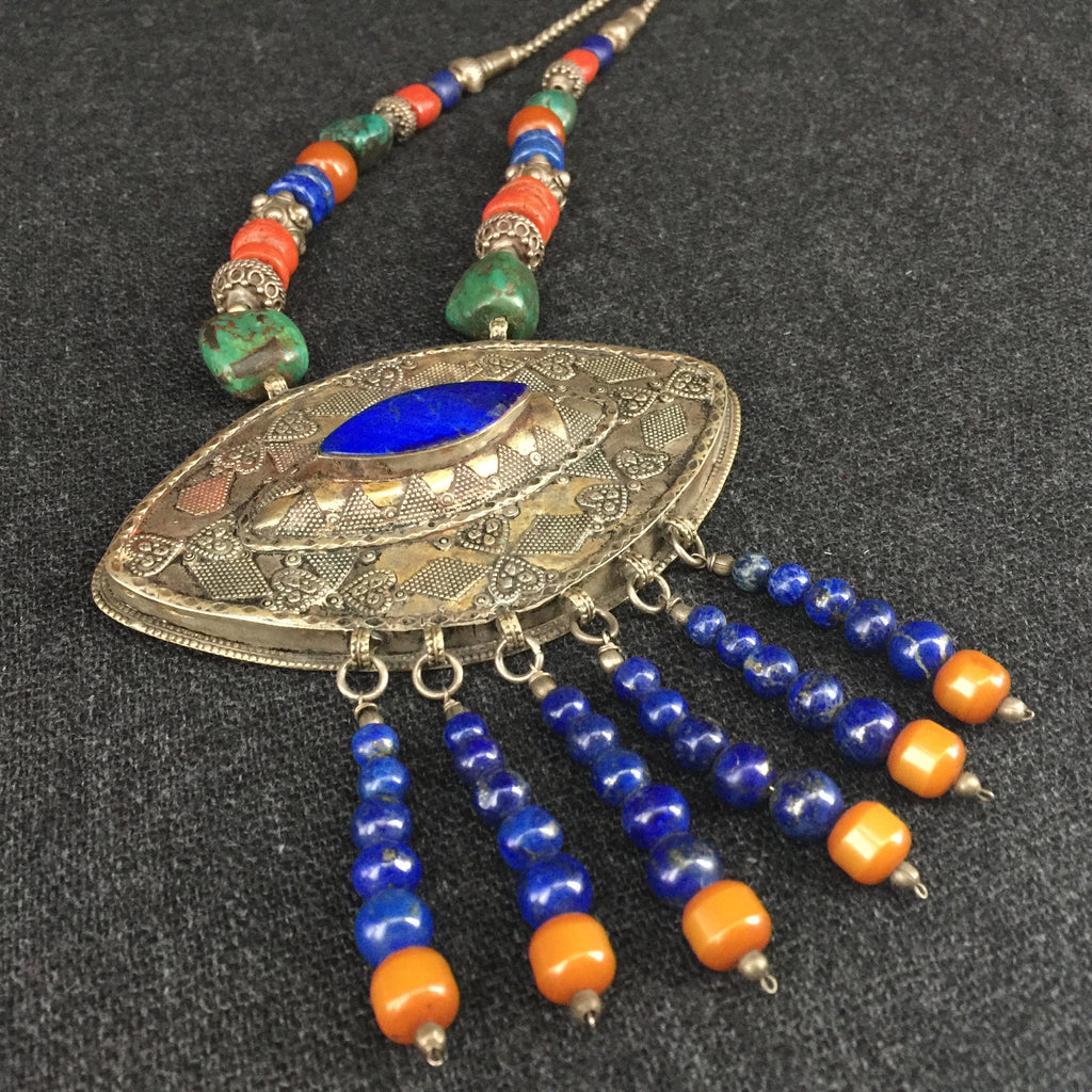 Antique Turkoman Handmade Lapis, Coral, Turquoise and Silver Necklace Jewelry at Mahakala Fine Arts 