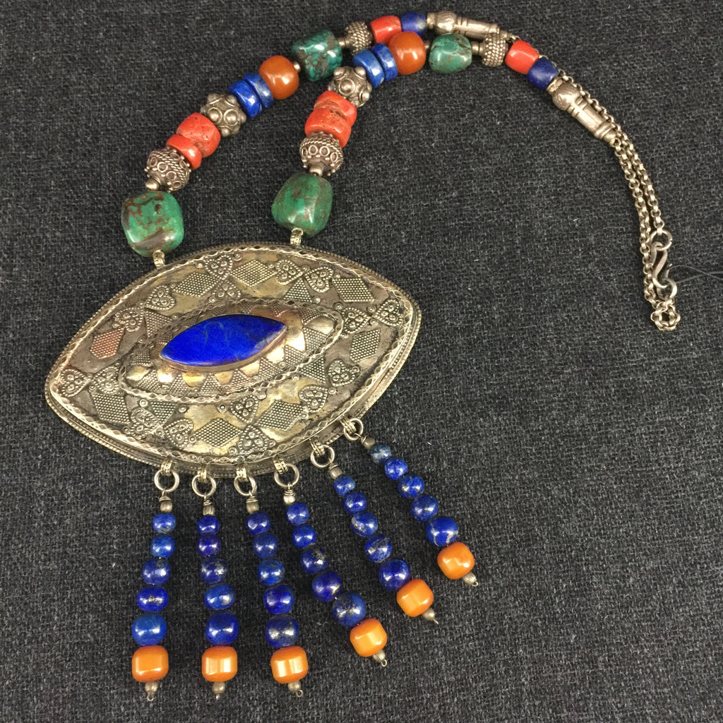 Antique Tibetan Handmade Lapis, Coral, Turquoise and Silver Necklace at Mahakala Fine Arts 
