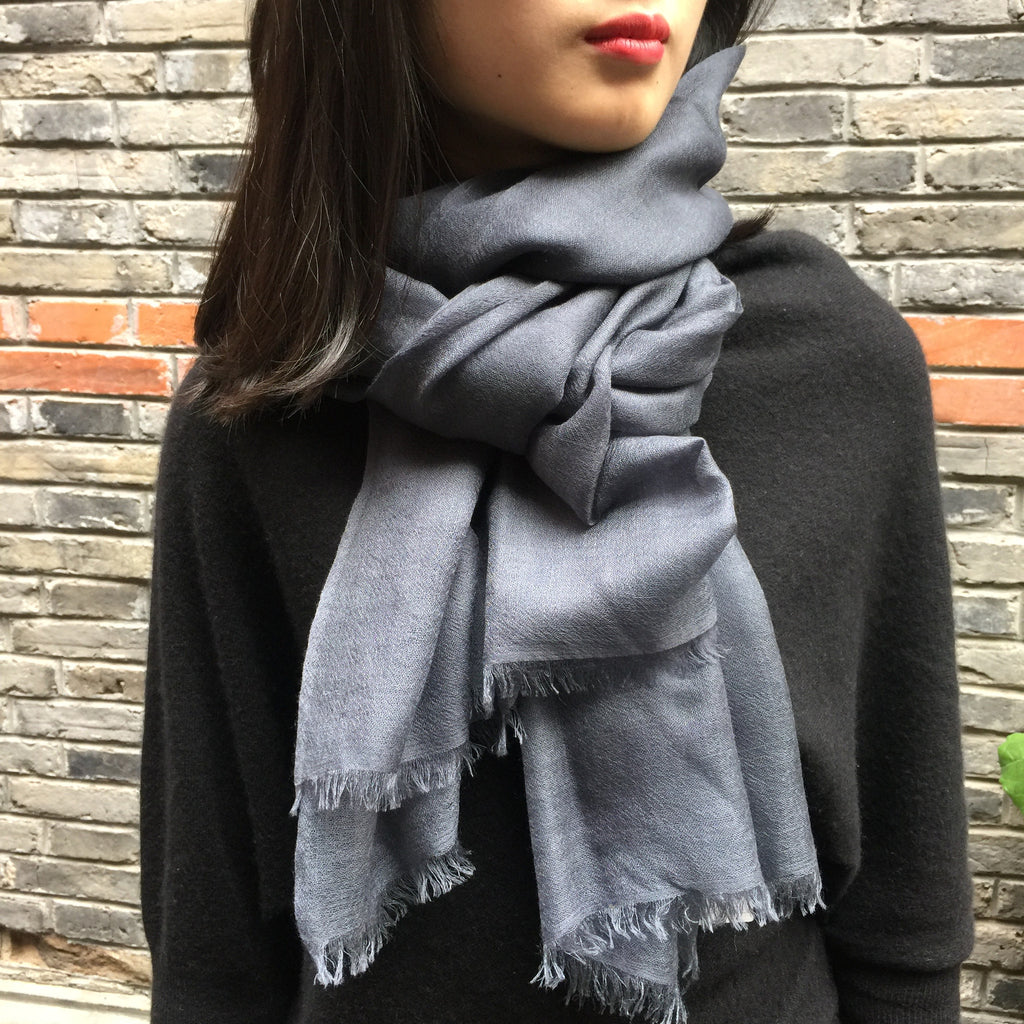 Handmade dark grey luxury cashmere scarf from Himalaya at Mahakala Fine Arts