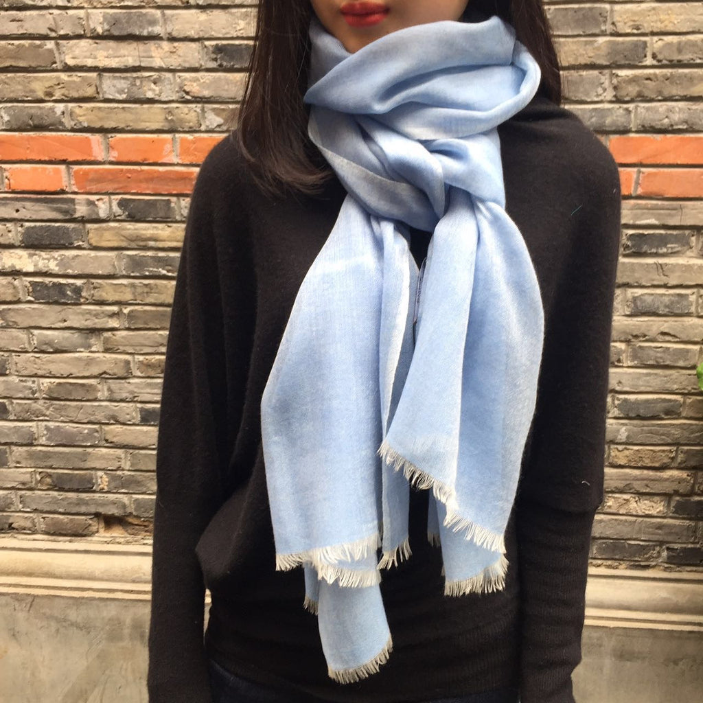Handmade baby blue cashmere scarf from Himalaya at Mahakala Fine Arts