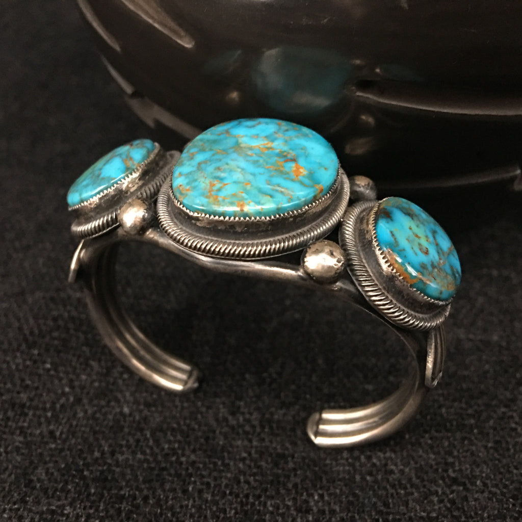 Native American Navajo Sterling Silver and Turquoise Bracelet by Leon Martinez at Mahakala Fine Arts