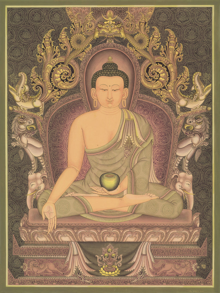 Ratnasambhava Buddha of Five Dhyani Buddhas Thangka by Lok Chitrakar at Mahakala Fine Arts