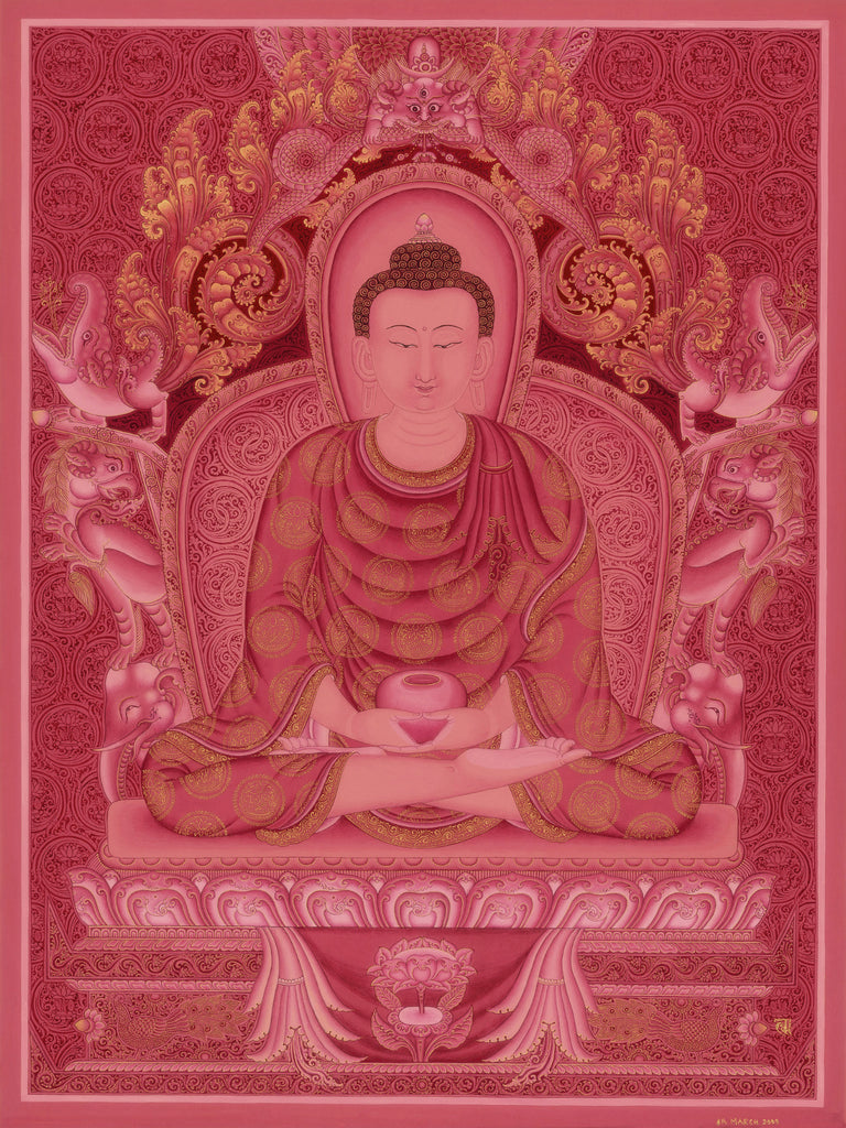 Amitabha Buddha of Five Dhyani Buddhas Thangka Paubha by Lok Chitrakar at Mahakala Fine Arts