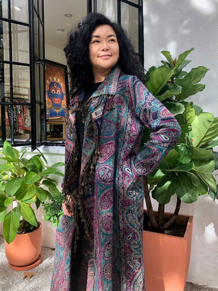 Designer Long Kashmiri Wool Coat - Purple & Green