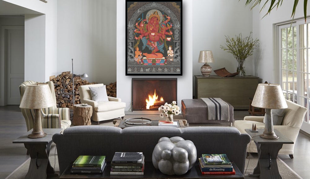 Ganesh Tibetan thangka paubha painting by Mukti Singh Thapa at Mahakala Fine Arts 