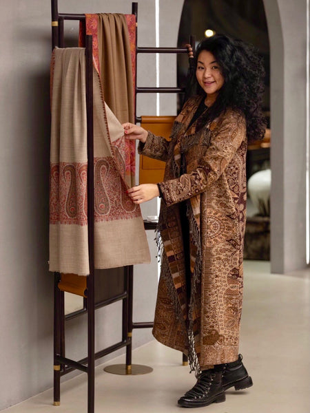 Designer Long Kashmiri Wool Coat - Caramel