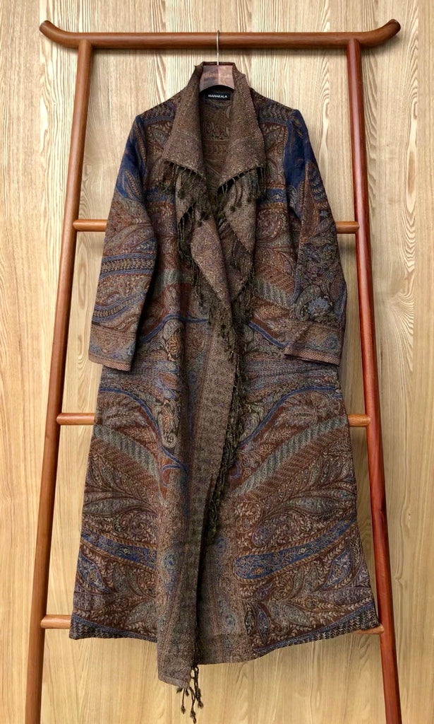 Designer Long Kashmiri Wool Coat - Brown and Blue