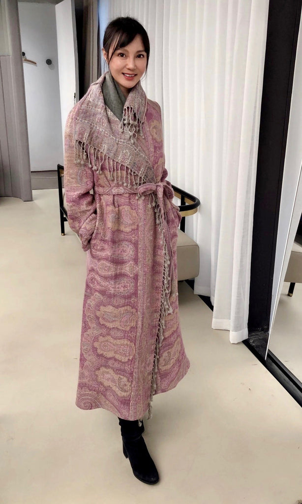 Designer Long Kashmiri Wool Coat - Pink