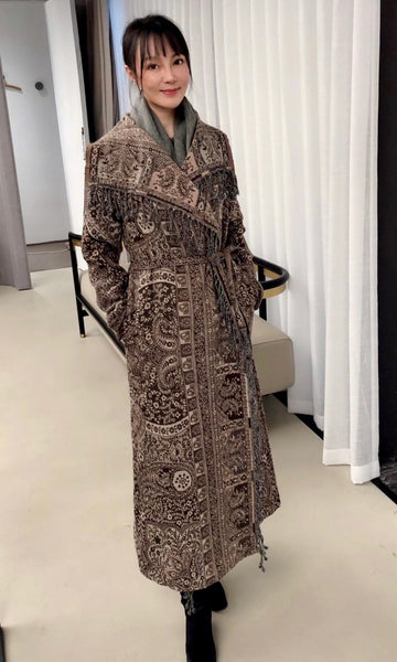 Designer Long Kashmiri Wool Coat - Chestnut