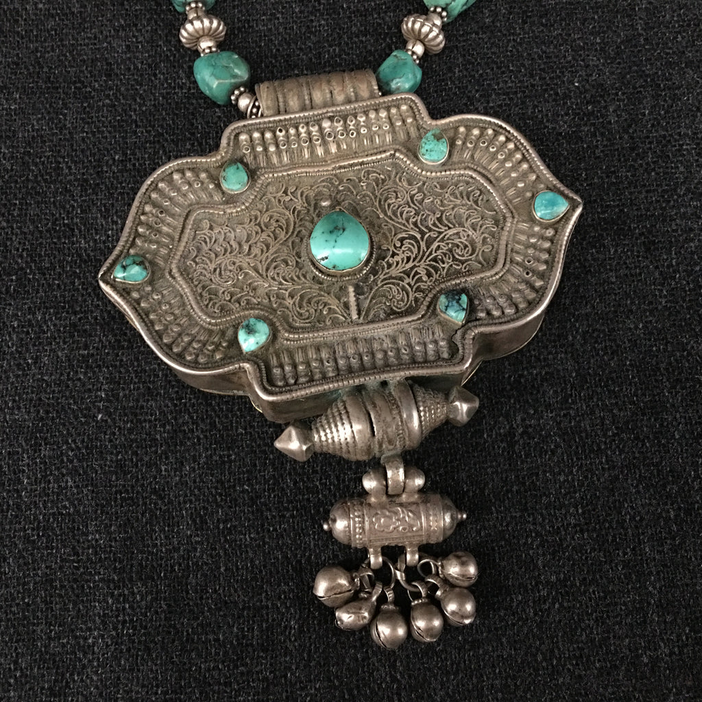 Antique Silver and Turquoise Tibetan Gau Box Necklace Jewelry at Mahakala Fine Arts