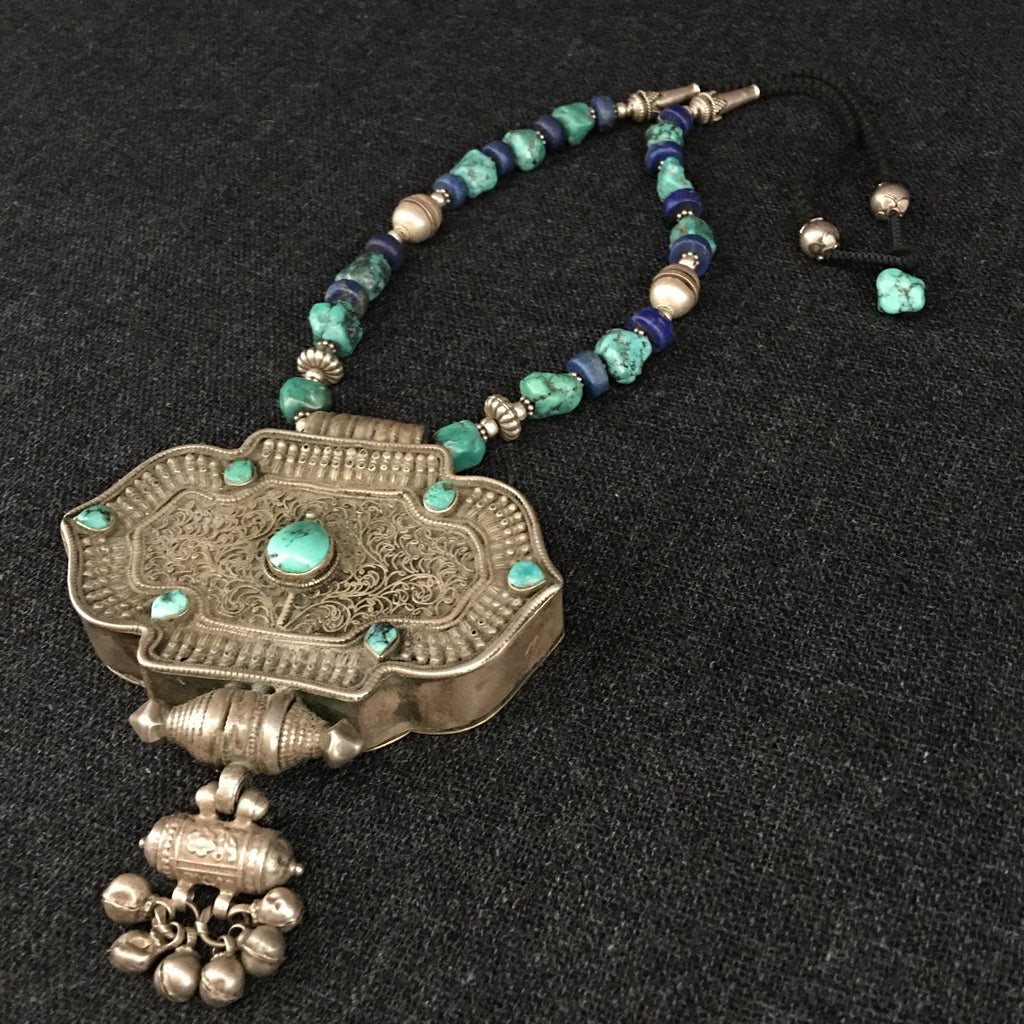 Antique Silver and Turquoise Tibetan Gau Box Necklace Jewelry at Mahakala Fine Arts