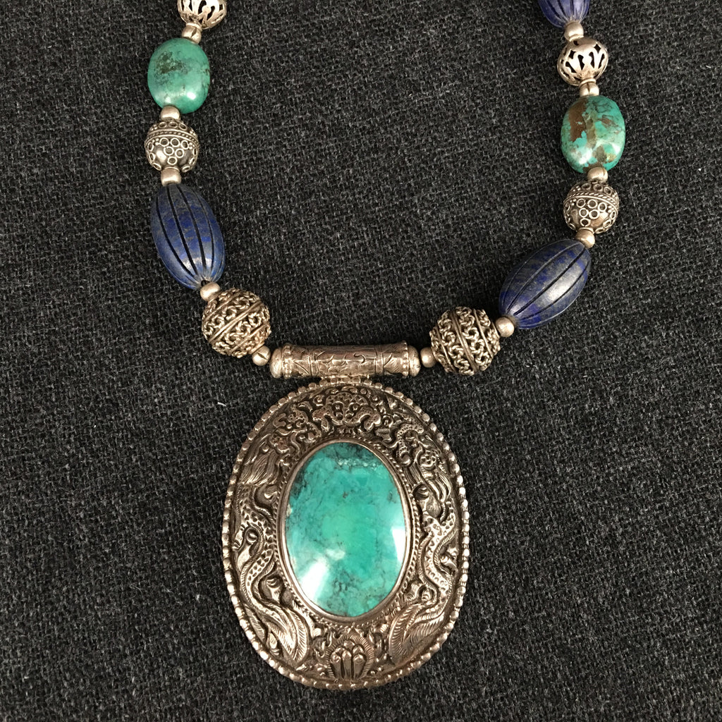 Handmade Himalayan Turquoise Lapis Silver Necklace Jewelry at Mahakala Fine Arts