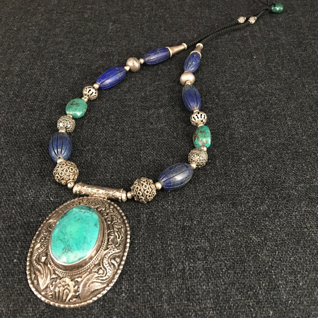 Handmade Himalayan Turquoise Lapis Silver Necklace Jewelry at Mahakala Fine Arts
