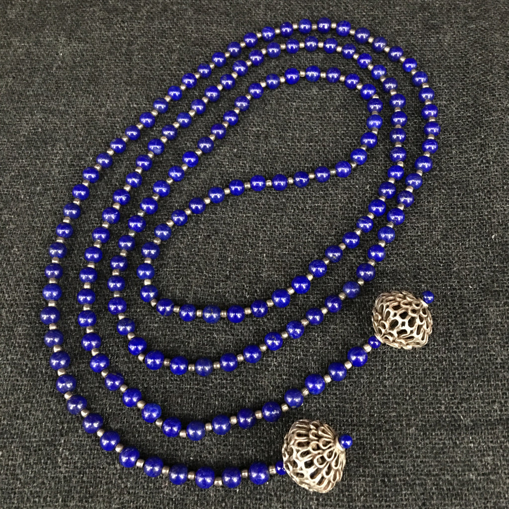 Handmade Afghani Lapis Necklace with Antique Tibetan Silver Beads Jewelry at Mahakala Fine Arts