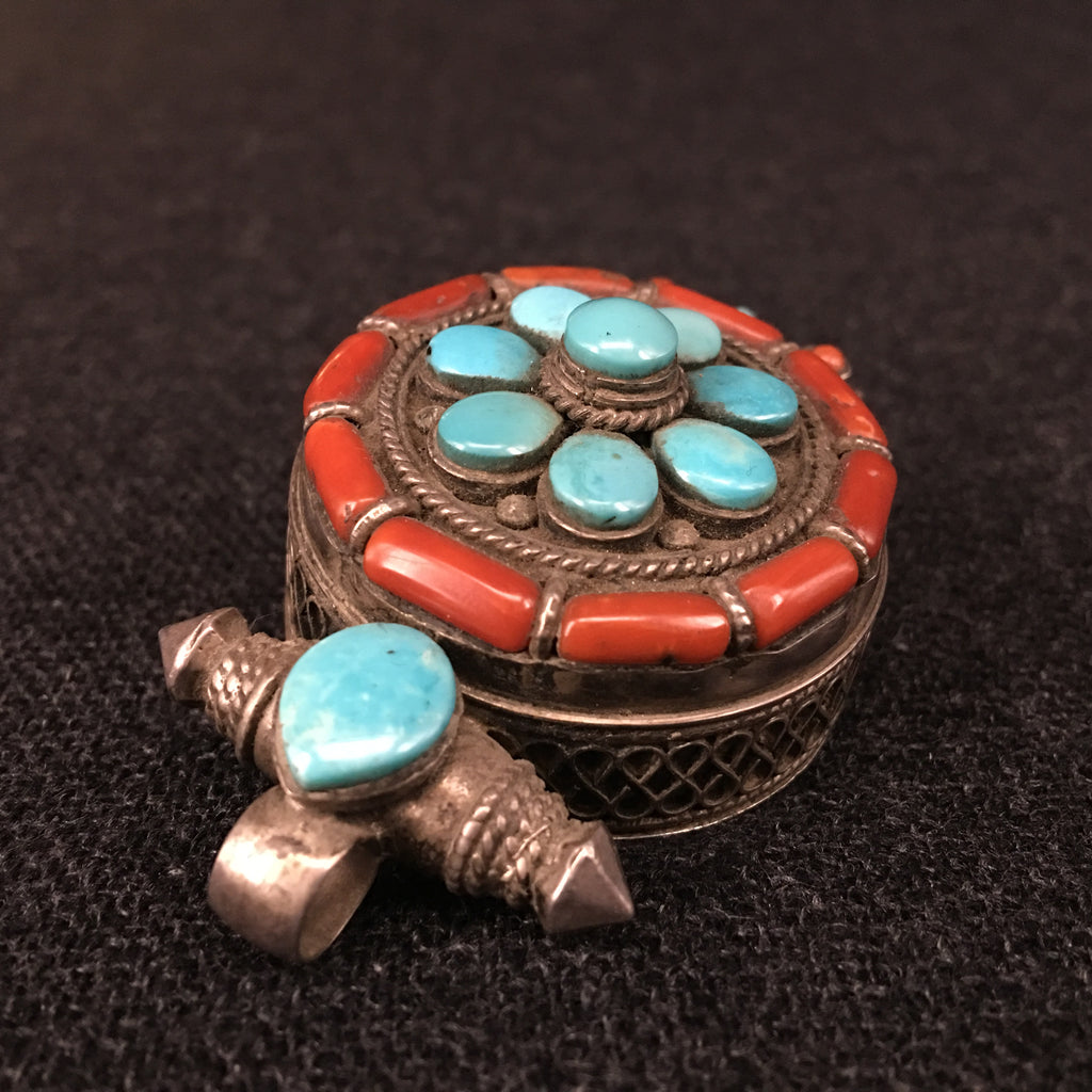 Antique Tibetan Coral, Turquoise and Silver Gau Pendant at Mahakala Fine Arts
