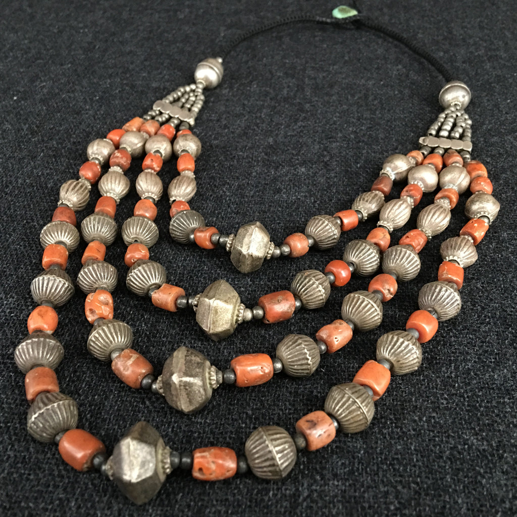 Antique Handmade Himalayan Coral and Silver Necklace Jewelry at Mahakala Fine Arts
