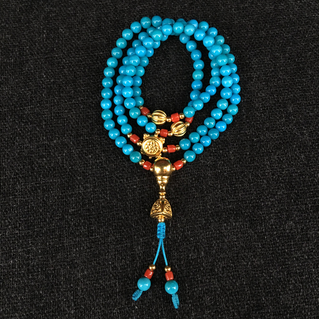 Handmade American Indian Sleeping Beauty Turquoise and Gold Prayer Bead Mala at Mahakala Fine Arts