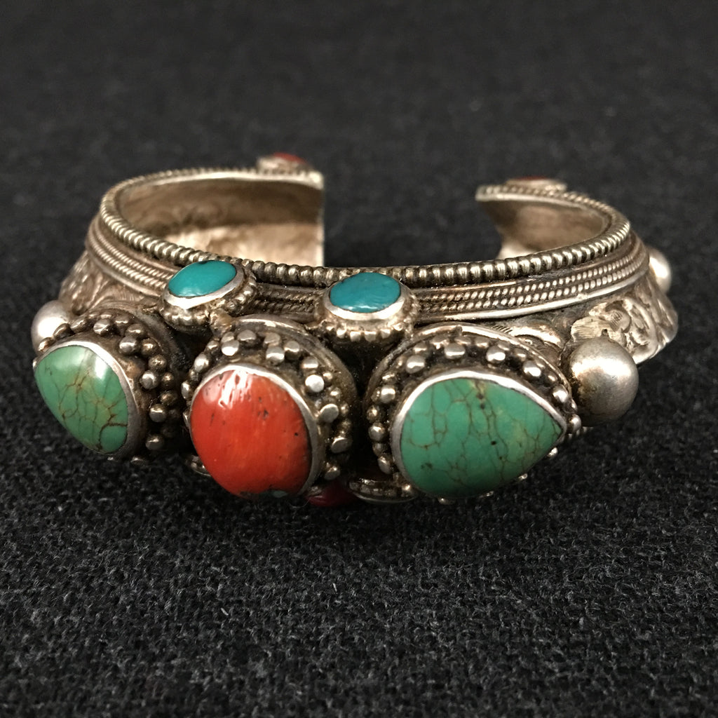 Antique Turquoise, Coral and Silver Tibetan Bracelet Jewelry at Mahakala Fine Arts