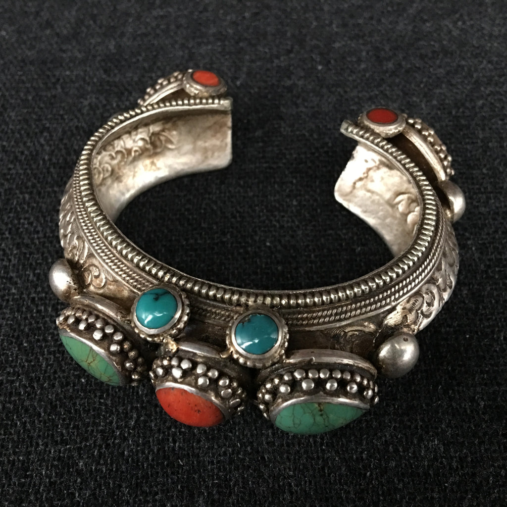Antique Turquoise, Coral and Silver Tibetan Bracelet at Mahakala Fine Arts