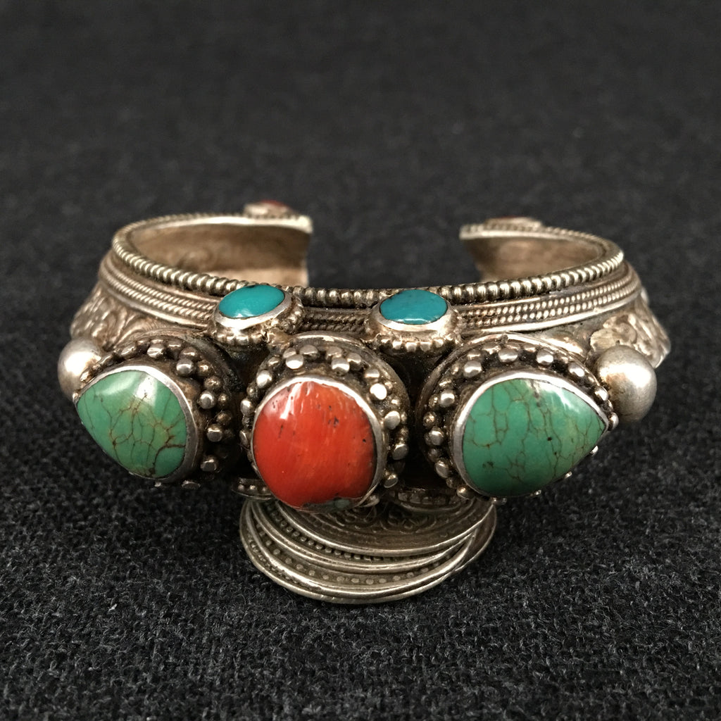 Antique Turquoise, Coral and Silver Tibetan Bracelet at Mahakala Fine Arts