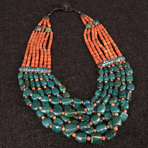 Antique Tibetan Turquoise and Coral Necklace Jewelry at Mahakala Fine Arts