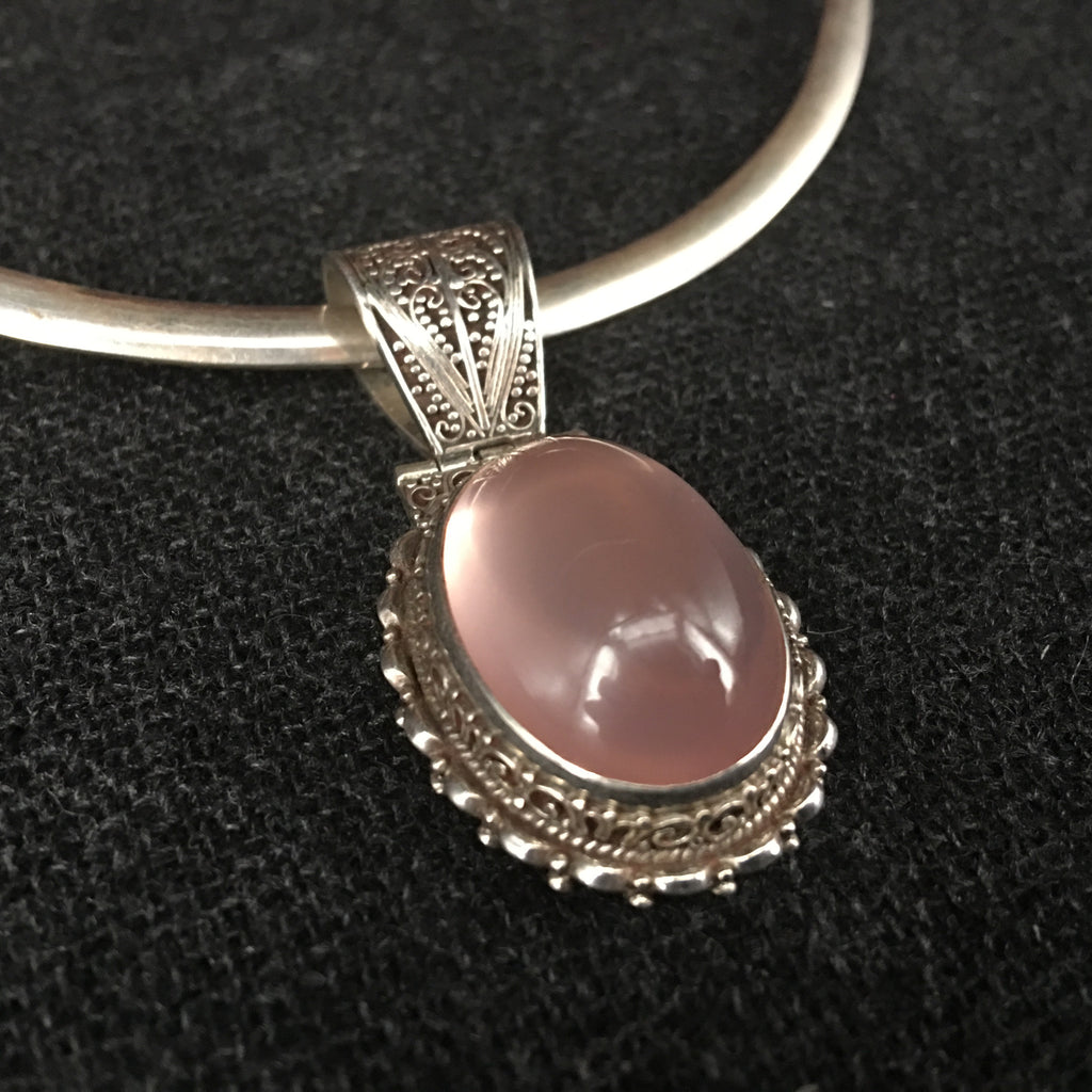 Small Handmade Himalayan Pink Rose Crystal Pendant Jewelry at Mahakala Fien Arts